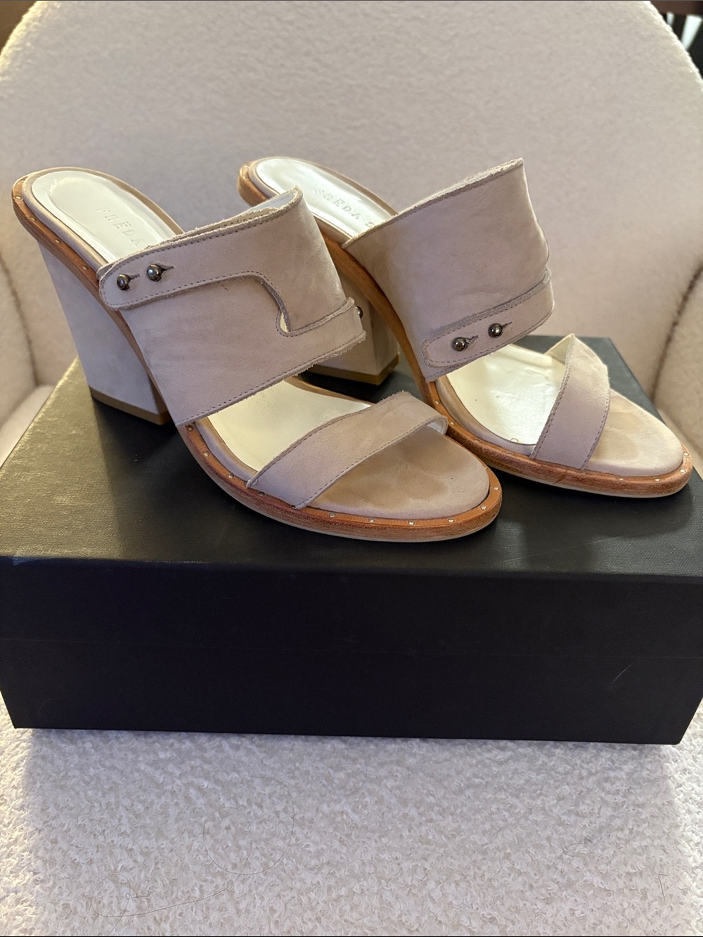 Freda Salvador Taupe Suede Double-Strap Block Heel Mules